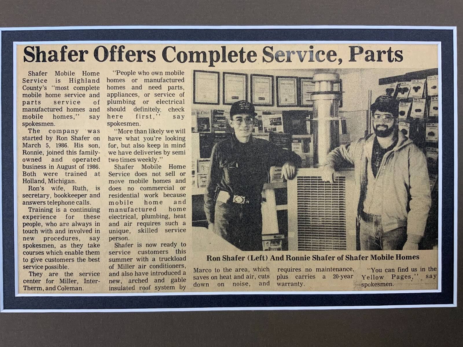 Old newspaper clipping about Shafer Mobile Home Service