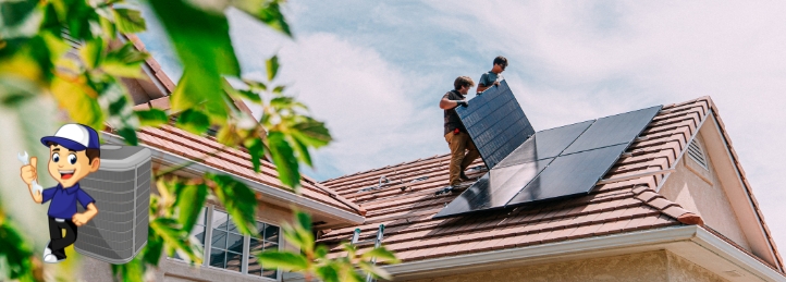 Solar panels on the roof of a building overlooking a pond.