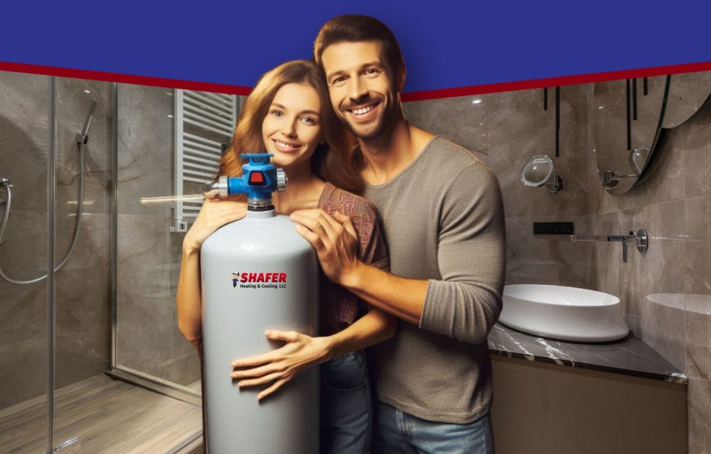 This is an image of a husband and wife hugging a water softener tank with a bathroom in the backgorund.