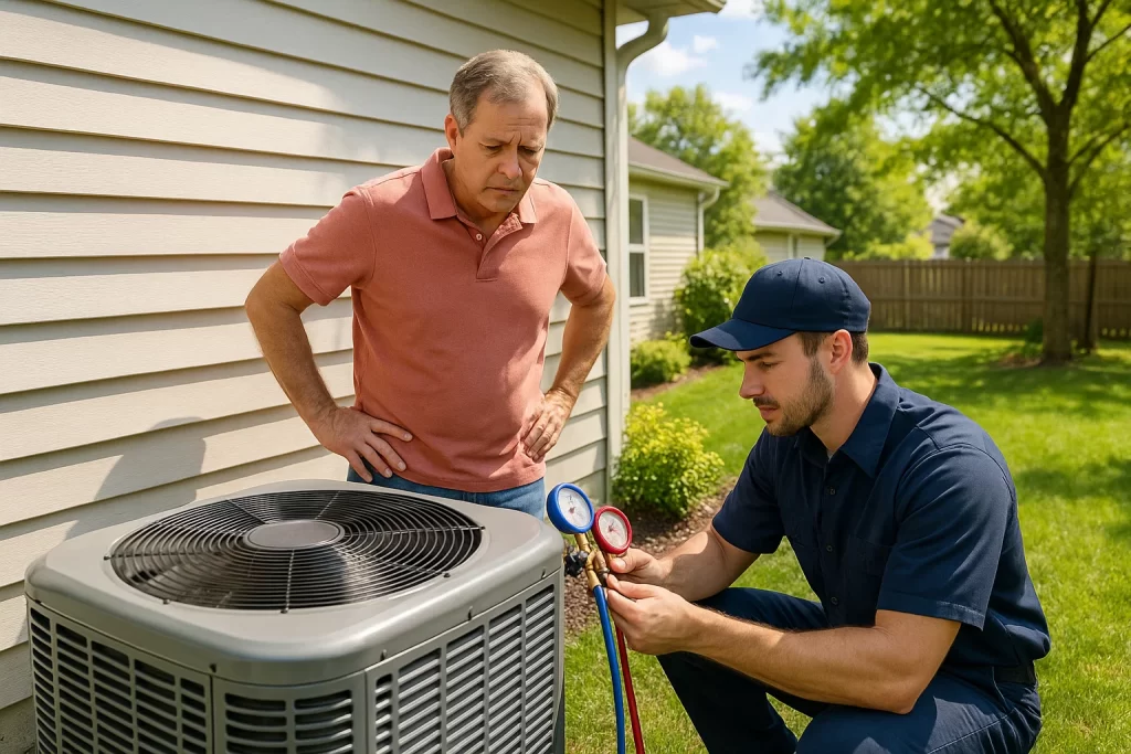 HVAC technician troubleshooting outdoor AC unit in summer