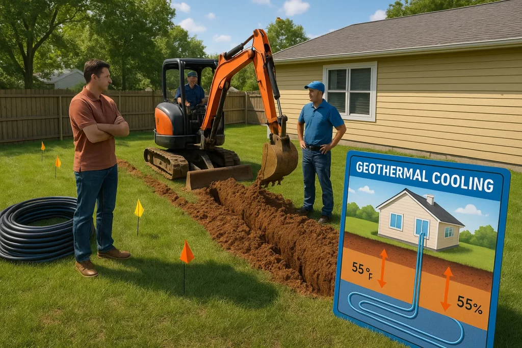 A construction team digging a trench for a geothermal heating and cooling system.