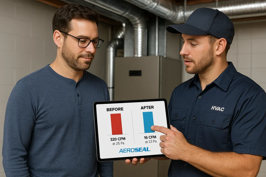 Homeowner reviews Aeroseal duct sealing report with technician in basement
