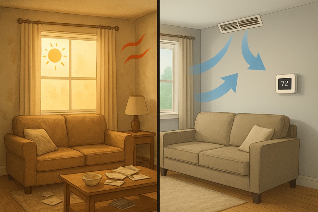 A split room illustration showing the benefits of a zone control system. On the left is a warm, stuff room with poor circulation. On the right is a cool, clean, comfortable room control with a zone control system.