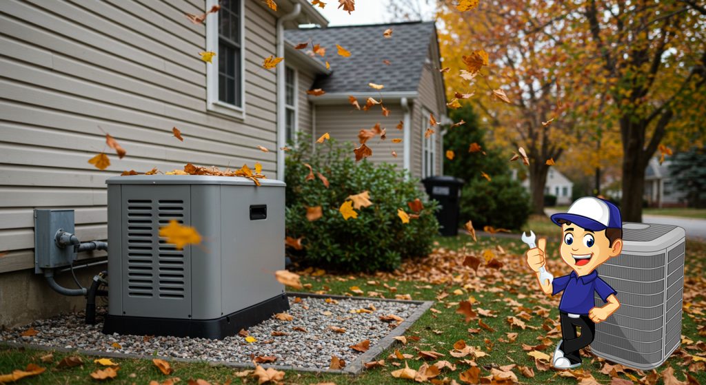 The side of a home with an HVAC unit in view. There are golden autumn leaves falling in a light wind, with mature trees in the background.