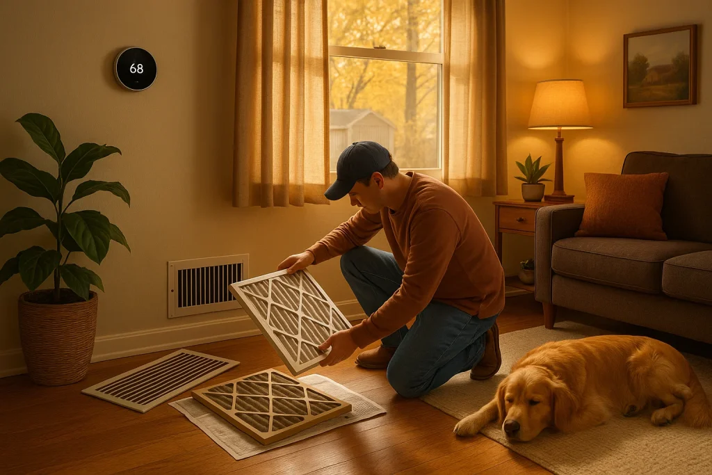 Homeowner in a cozy fall living room replacing a dusty HVAC filter, with closed windows, a dog resting on a rug, and houseplants in view.