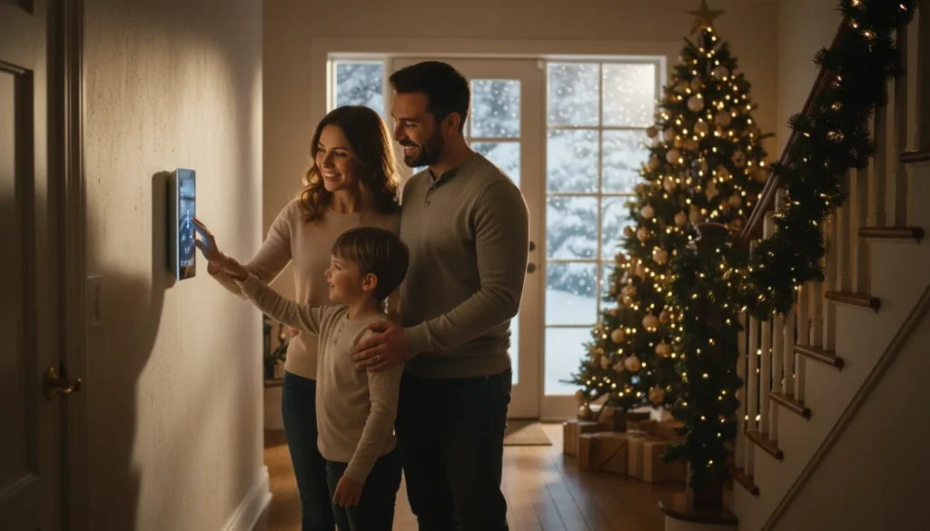 Family setting smart thermostat for winter comfort in holiday-ready home