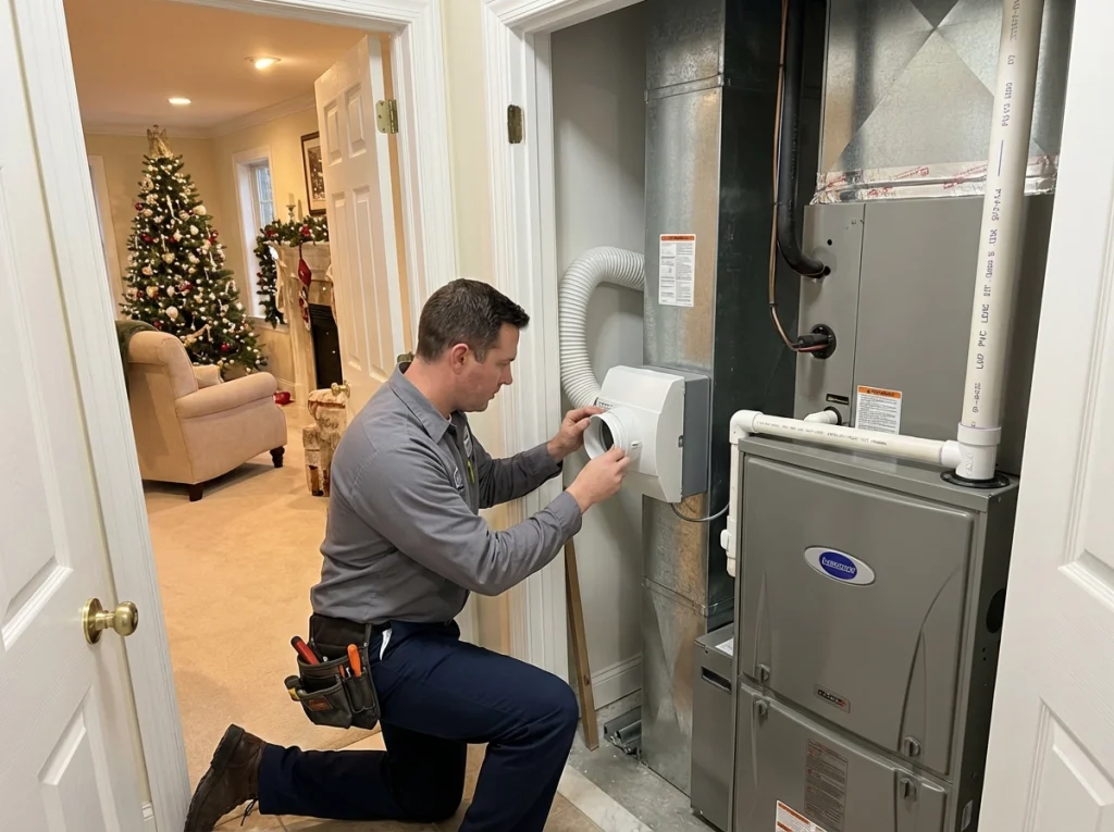 HVAC technician installing whole house humidifier in basement utility room