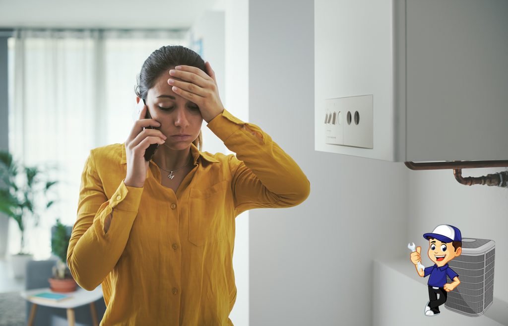 Worried woman calling a boiler breakdown emergency service using her smartphone