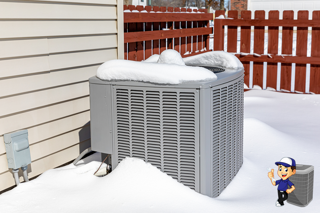 air conditioning unit covered in snow during winter