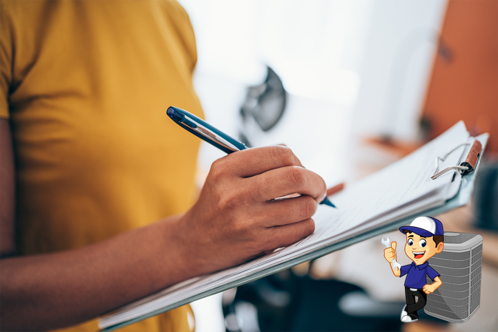 A woman in a yellow shirt holding a clipboard with a checklist on it