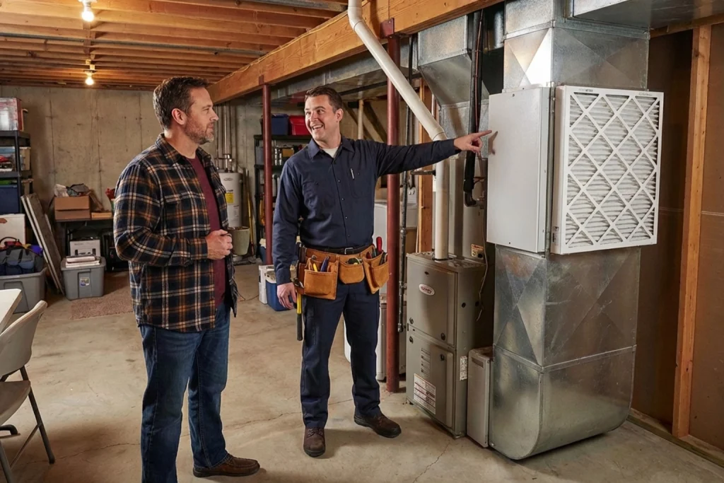 Homeowner discussing whole-home air purification for allergy season