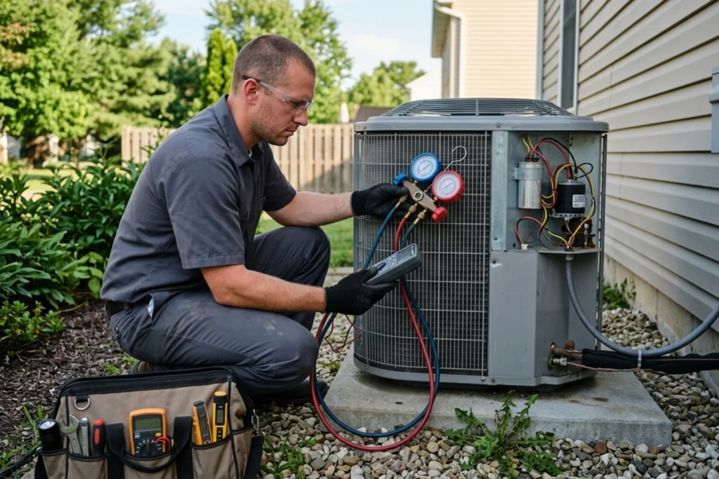 HVAC technician diagnosing AC problems before heat wave